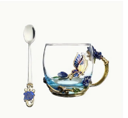 Blue Butterfly & Rose Enamel Glass Tea Cup Set with Spoon