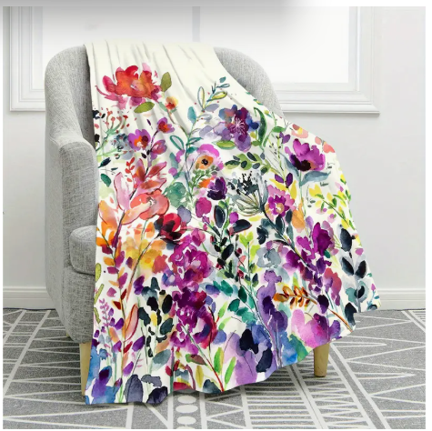 Gorgeous Watercolor Floral Throw with Deep Purples and Pinks