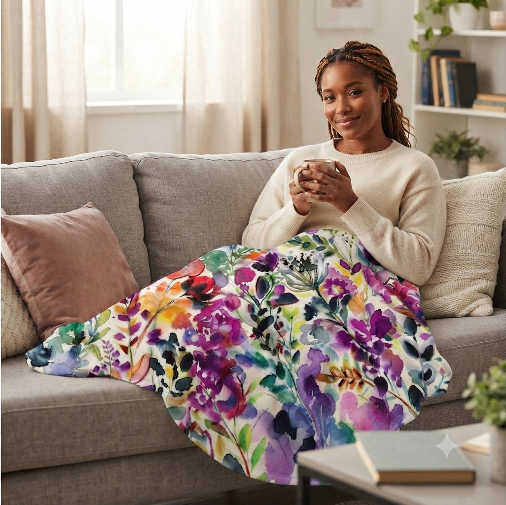 Gorgeous Watercolor Floral Throw with Deep Purples and Pinks
