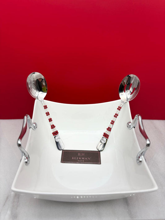 White Ceramic Serving Bowl with Crimson Utensils – 10” Modern Salad Bowl Gift Set