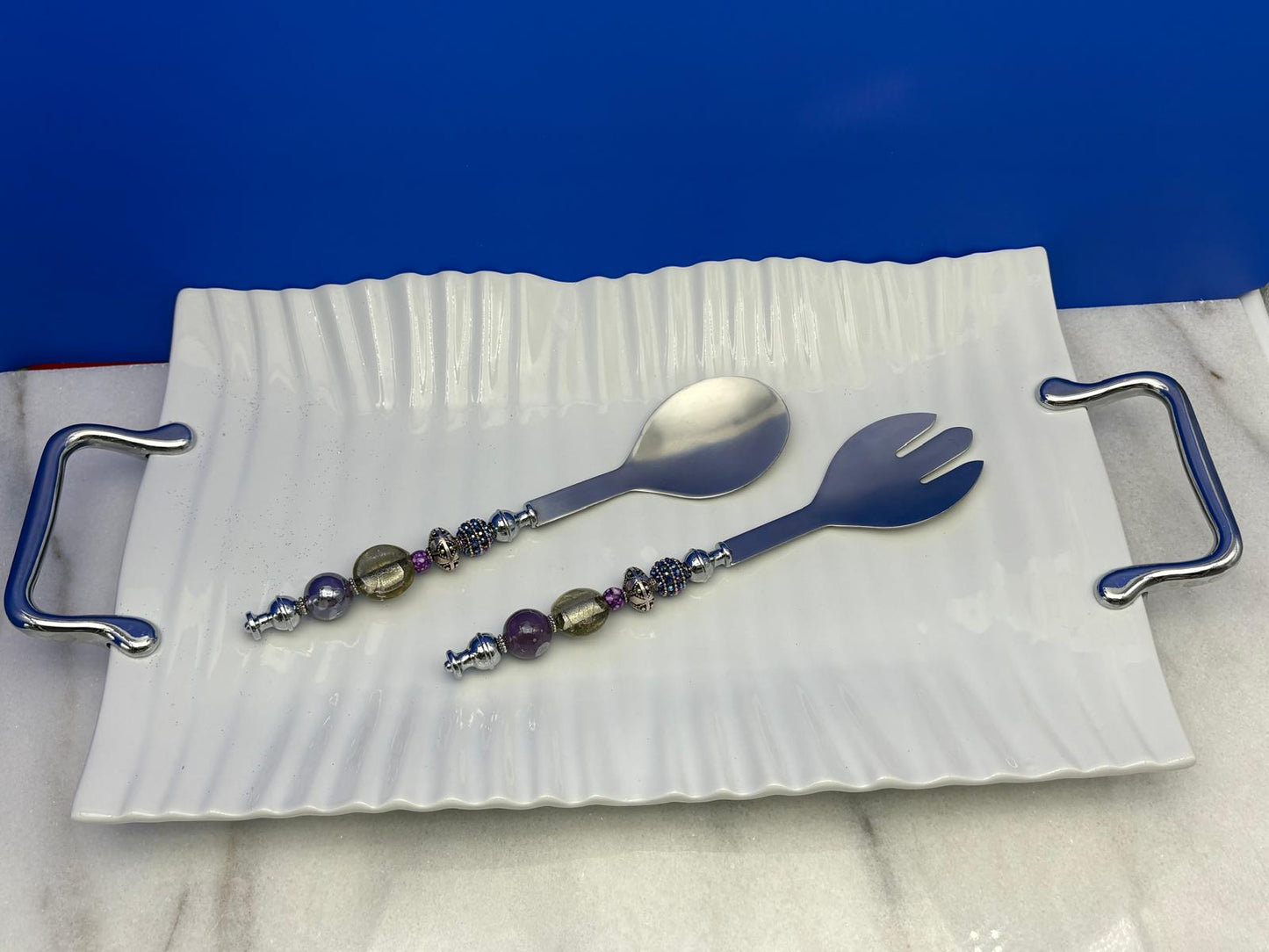 Elegant Purple & Silver Serving Set with White Rectangular Platter – 10x16” Tray with Spoon and Fork