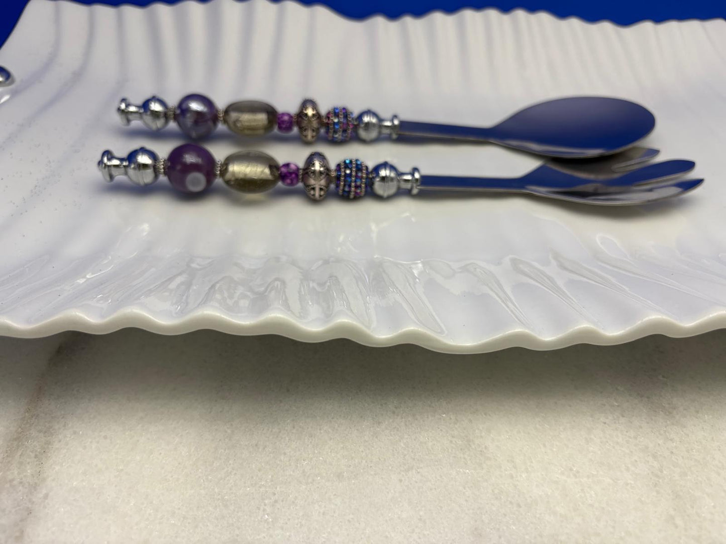 Elegant Purple & Silver Serving Set with White Rectangular Platter – 10x16” Tray with Spoon and Fork