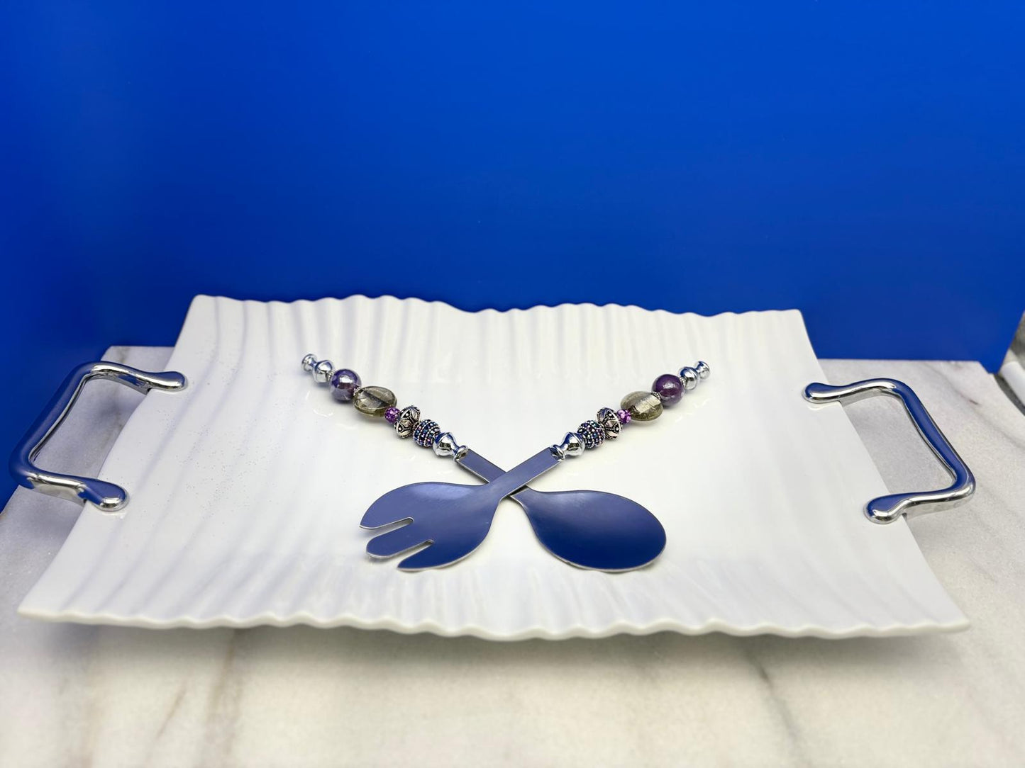 Elegant Purple & Silver Serving Set with White Rectangular Platter – 10x16” Tray with Spoon and Fork