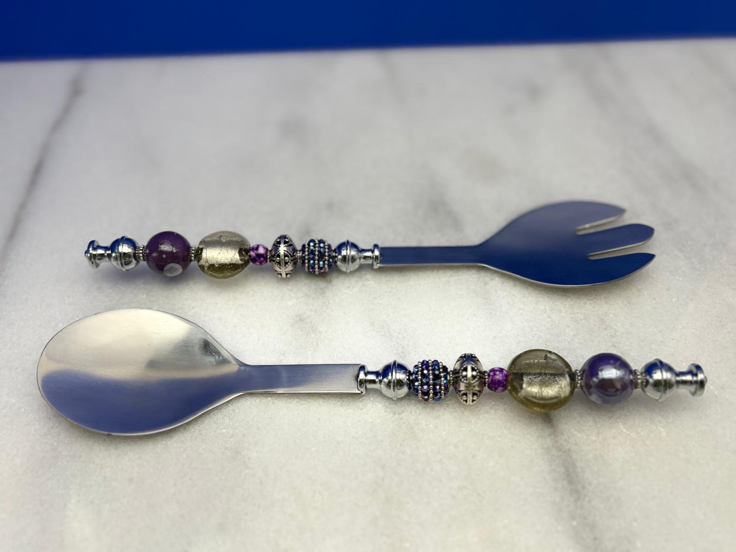 Elegant Purple & Silver Serving Set with White Rectangular Platter – 10x16” Tray with Spoon and Fork
