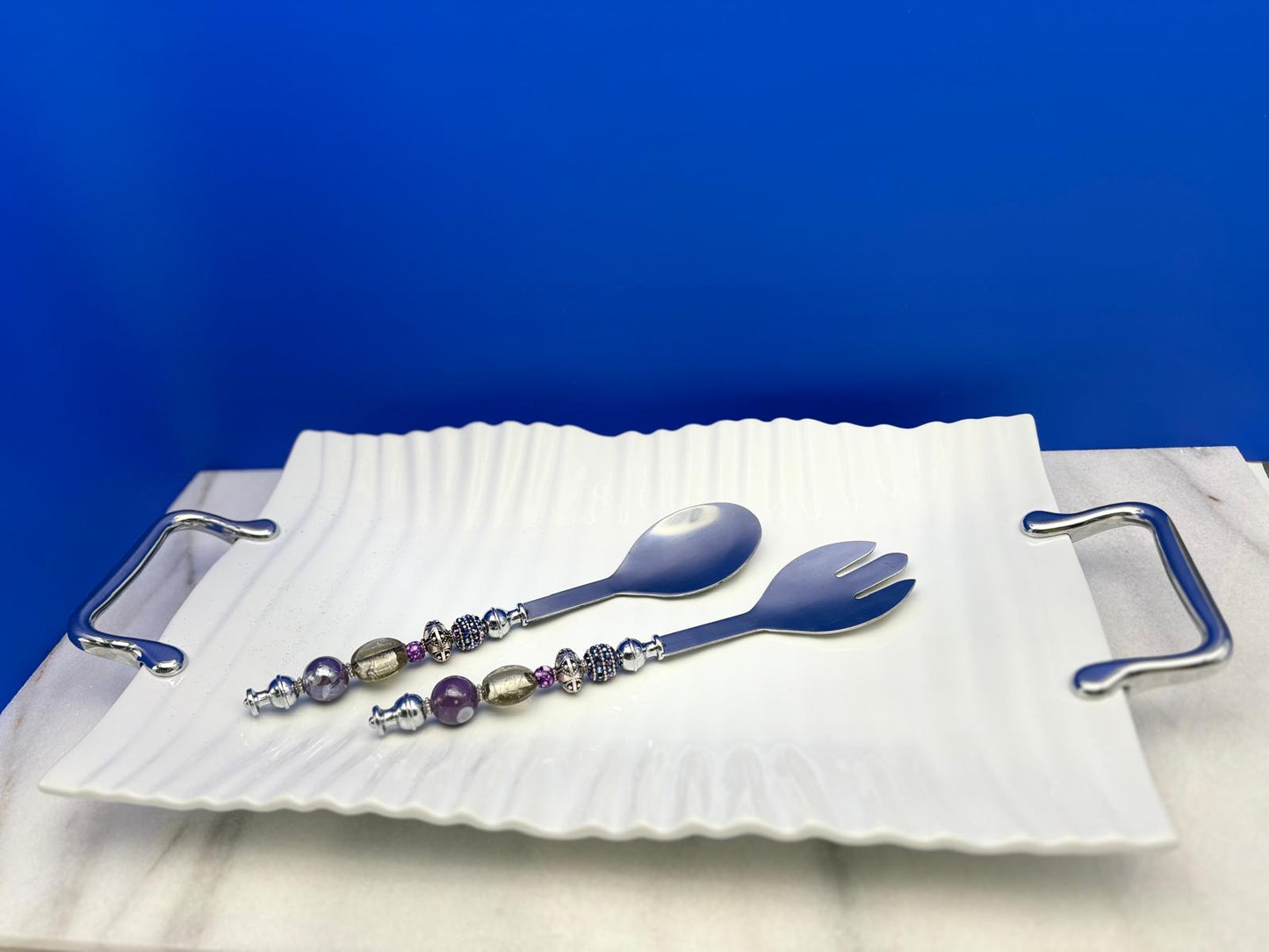 Elegant Purple & Silver Serving Set with White Rectangular Platter – 10x16” Tray with Spoon and Fork
