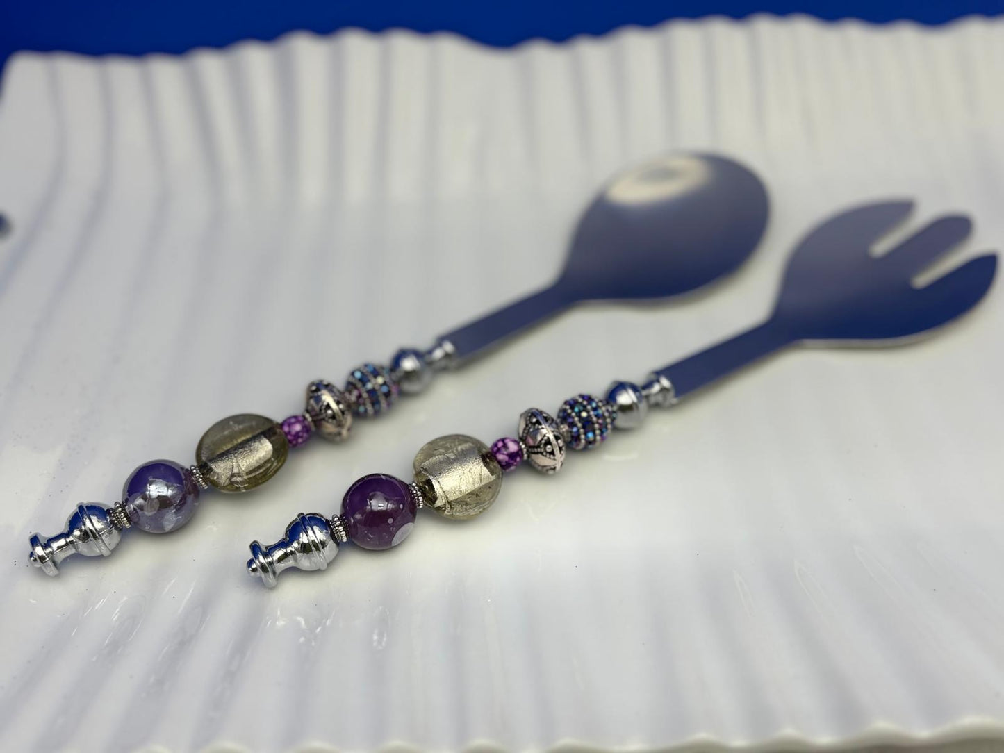Elegant Purple & Silver Serving Set with White Rectangular Platter – 10x16” Tray with Spoon and Fork