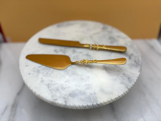 Elegant Marble Cake Stand with Gold Base & Matching Utensils – 12” Round