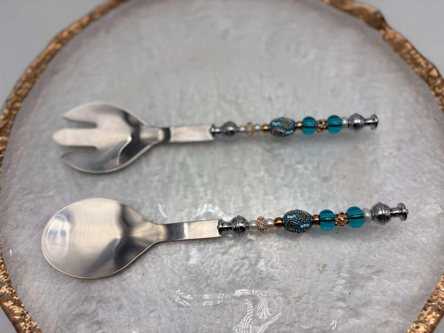 Elegant Turquoise & Gold Serving Platter with Matching Utensils – 14.25” Round Set