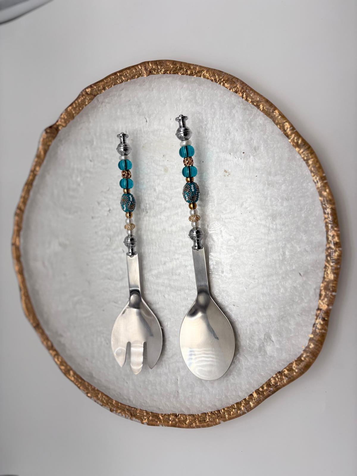 Elegant Turquoise & Gold Serving Platter with Matching Utensils – 14.25” Round Set