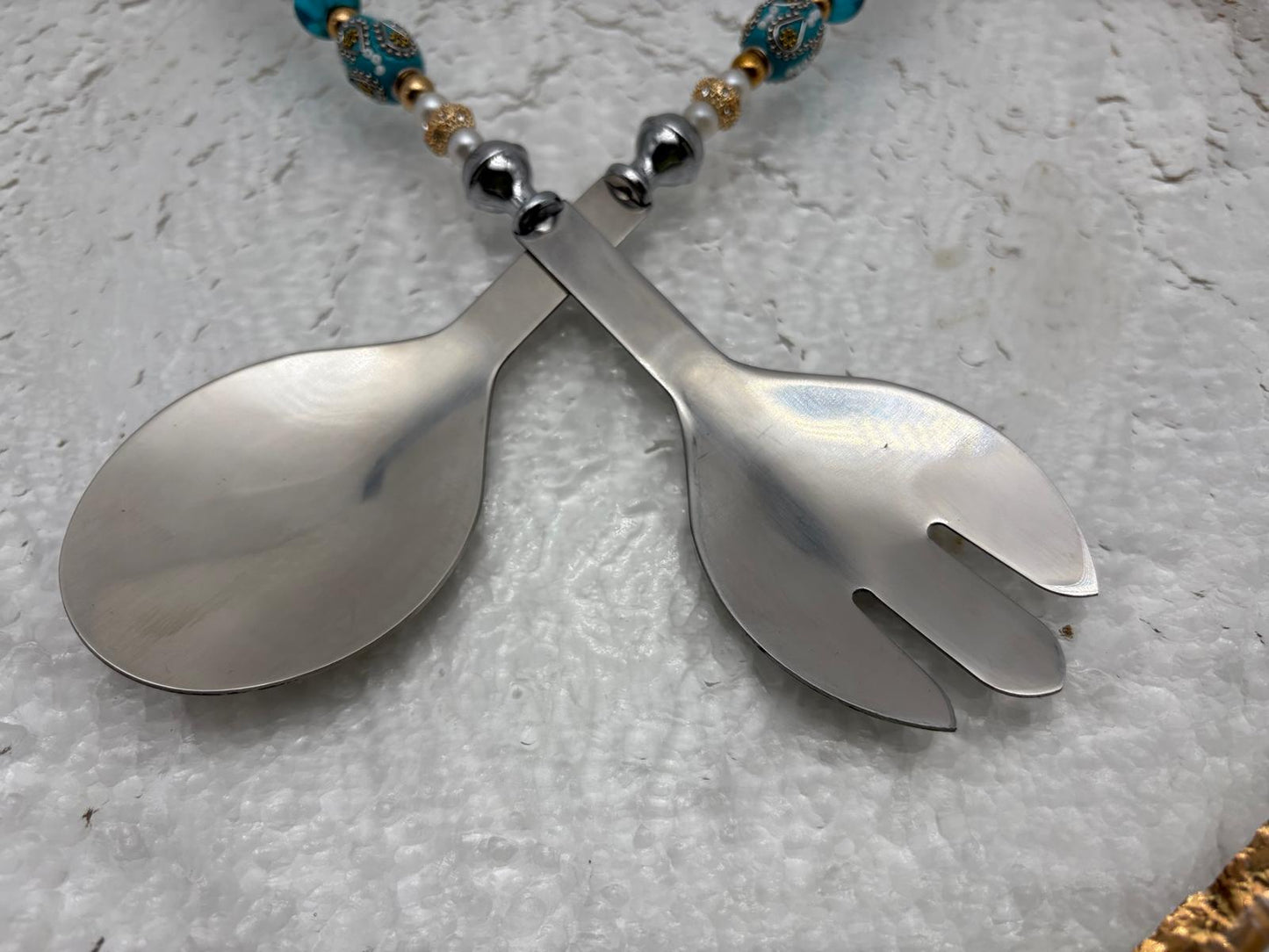 Elegant Turquoise & Gold Serving Platter with Matching Utensils – 14.25” Round Set