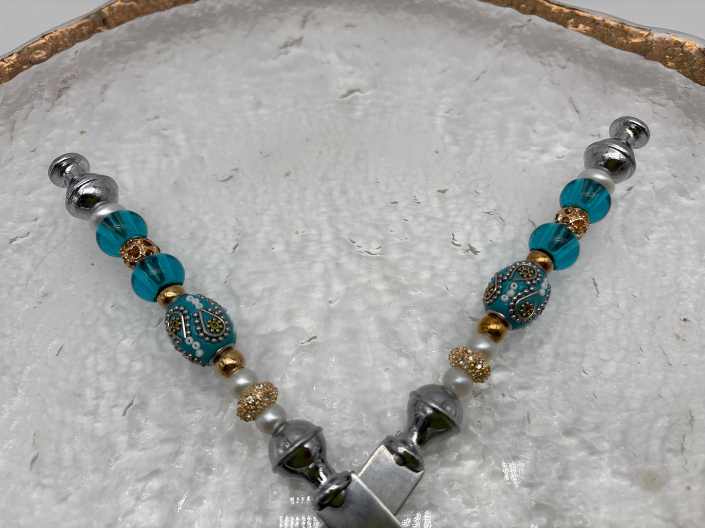 Elegant Turquoise & Gold Serving Platter with Matching Utensils – 14.25” Round Set