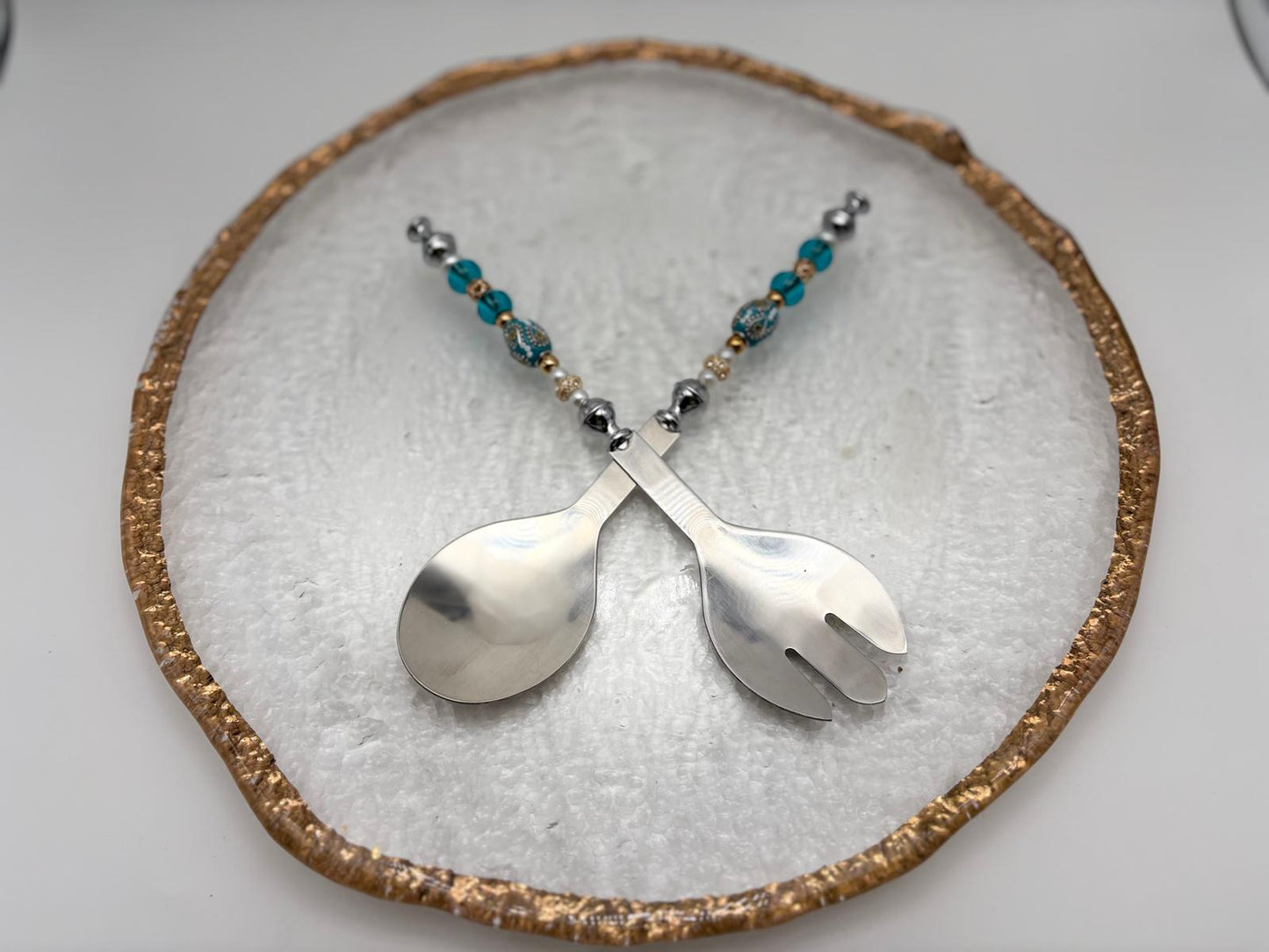 Elegant Turquoise & Gold Serving Platter with Matching Utensils – 14.25” Round Set