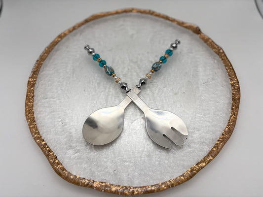 Elegant Turquoise & Gold Serving Platter with Matching Utensils – 14.25” Round Set