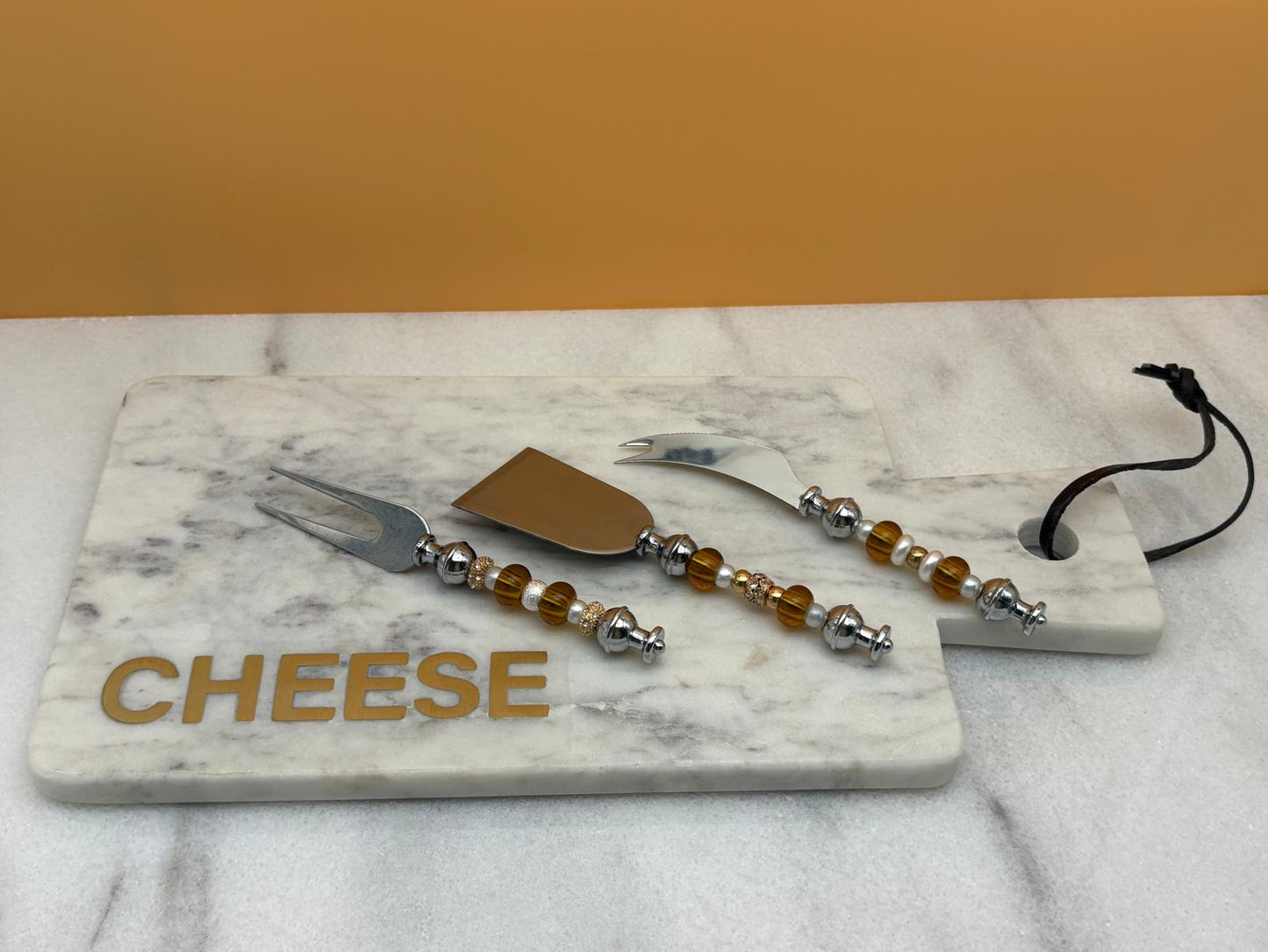 Marble Rectangular Serving Platter with Rose Gold, Silver & Gold Charcuterie Knife Set – Elegant Cheese Board Gift