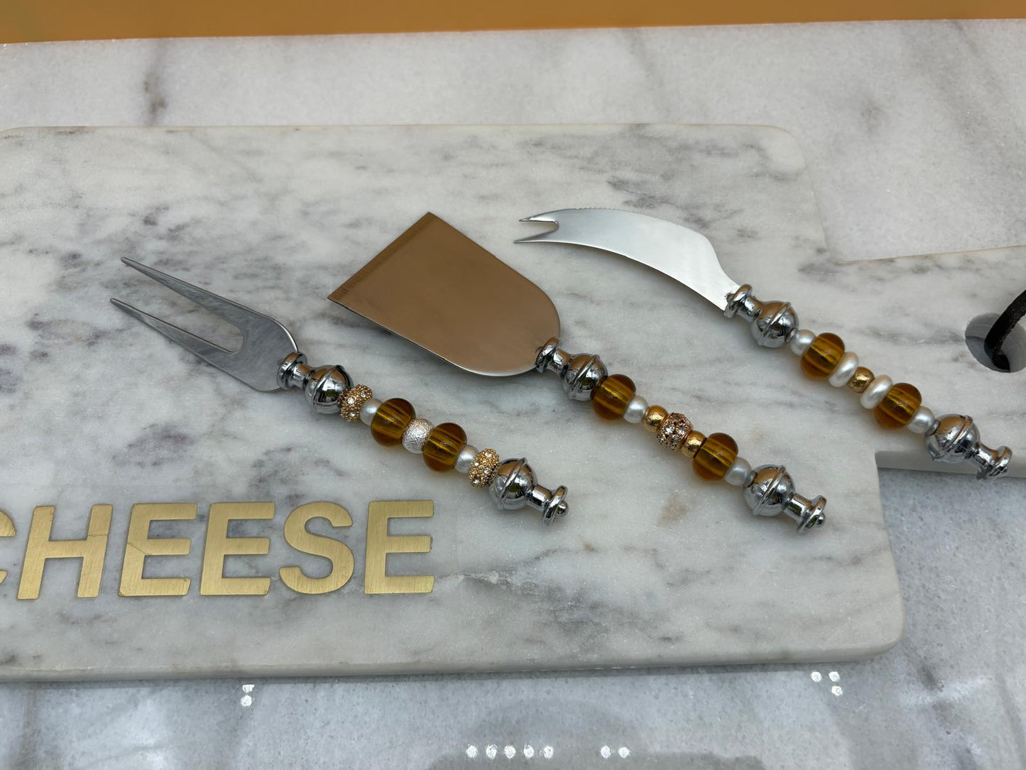 Marble Rectangular Serving Platter with Rose Gold, Silver & Gold Charcuterie Knife Set – Elegant Cheese Board Gift