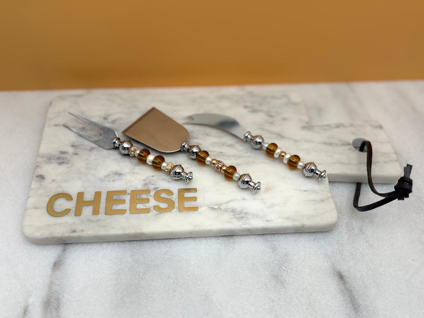 Marble Rectangular Serving Platter with Rose Gold, Silver & Gold Charcuterie Knife Set – Elegant Cheese Board Gift