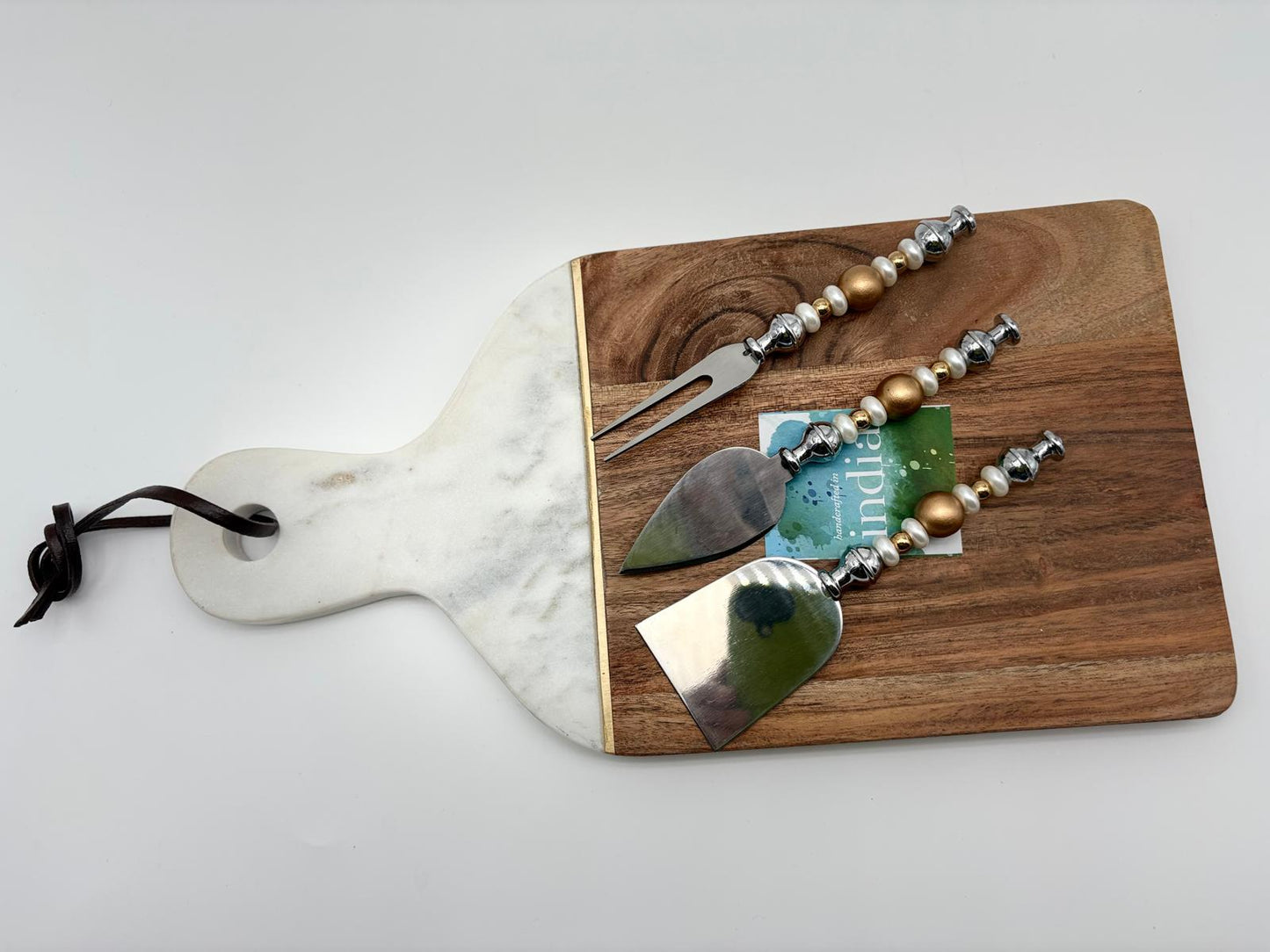 Butcher Block & Marble Cutting Board Set – 14” x 7” with Charcuterie Utensils & Leather Tie