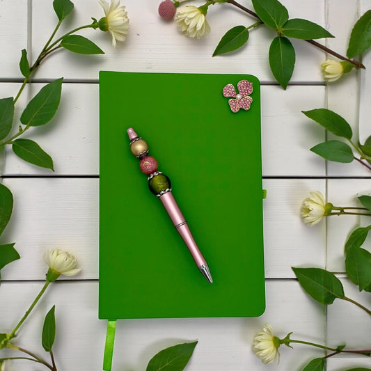 Handmade Elegant Lampwork Statement Bead Pen with Green Notebook with Pink Accent