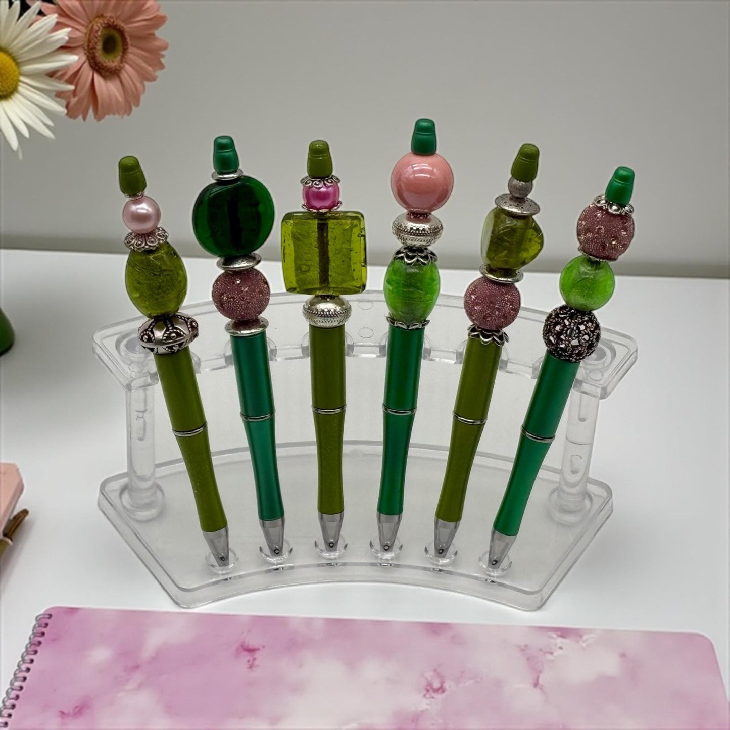 Green & Pink Beaded Luxe Pens — Elegant Writing in Style