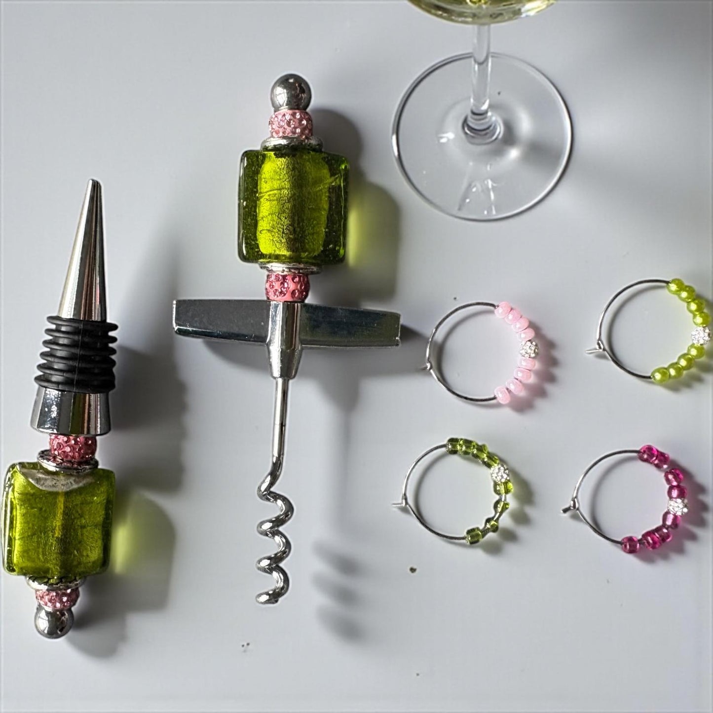 Pink & Green Wine Gift Set with Corkscrew, Stopper & 4 Wine Charms