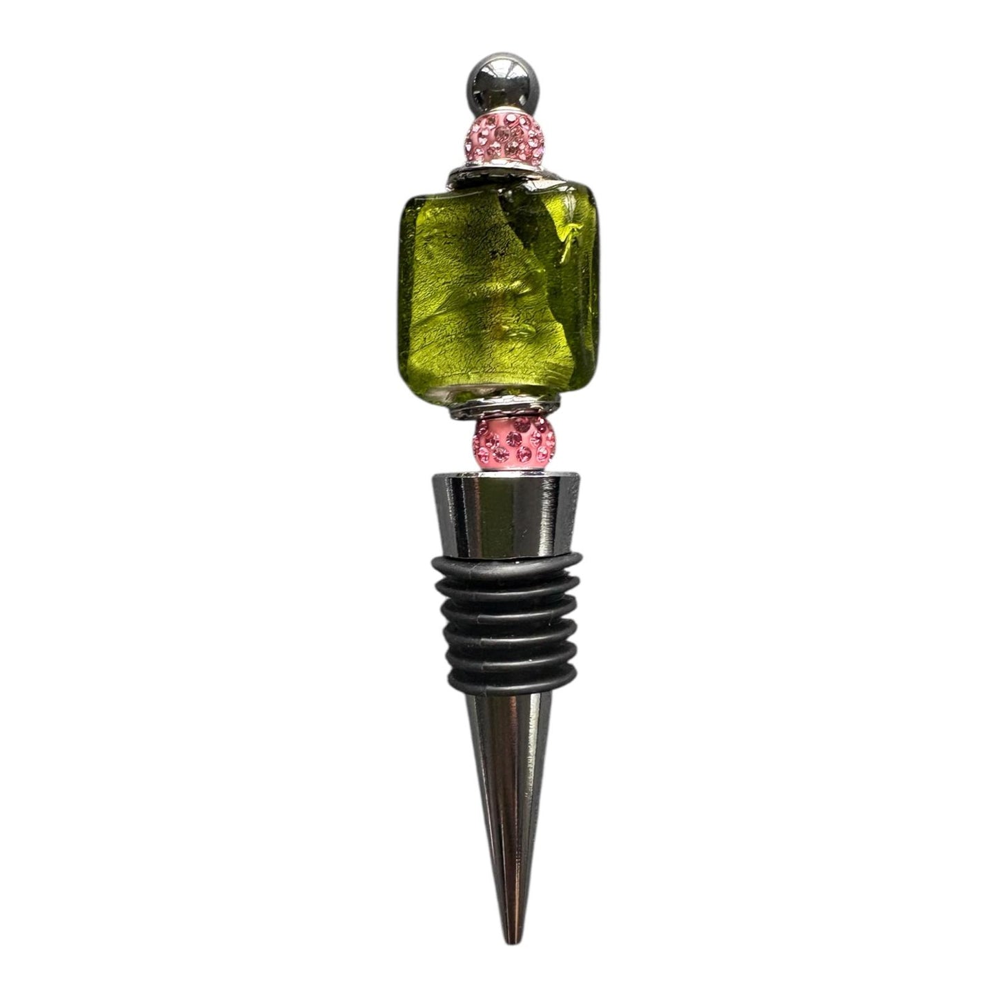Pink & Green Wine Gift Set with Corkscrew, Stopper & 4 Wine Charms