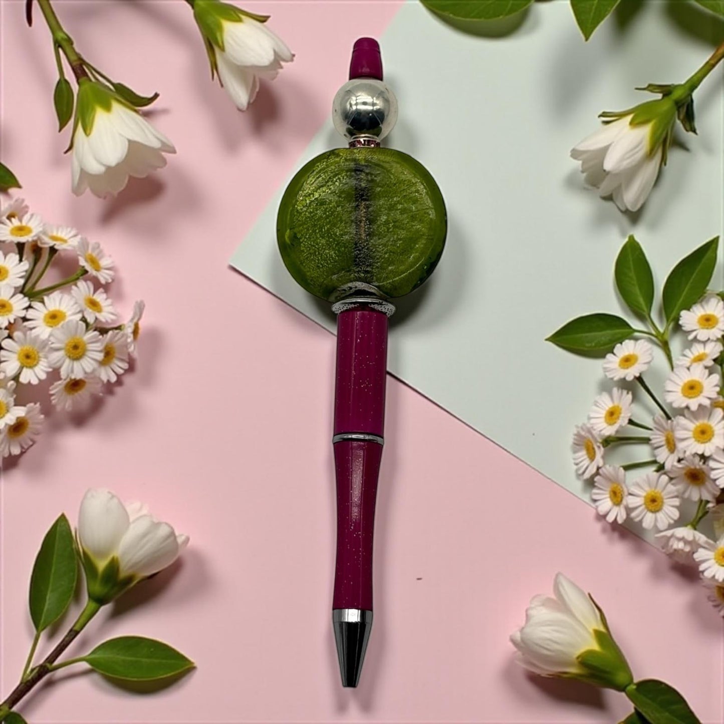Writing Instrument: Handmade Fuchsia Pen with a Round Green Lampwork Bead