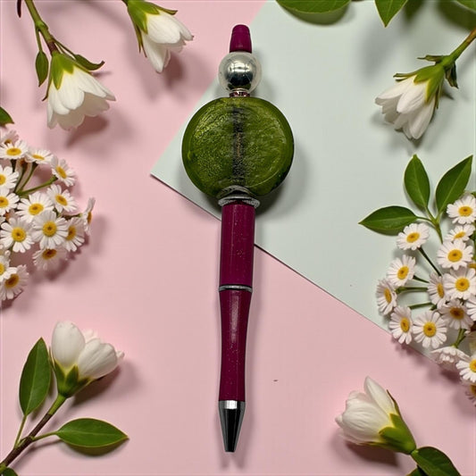 Writing Instrument: Handmade Fuchsia Pen with a Round Green Lampwork Bead