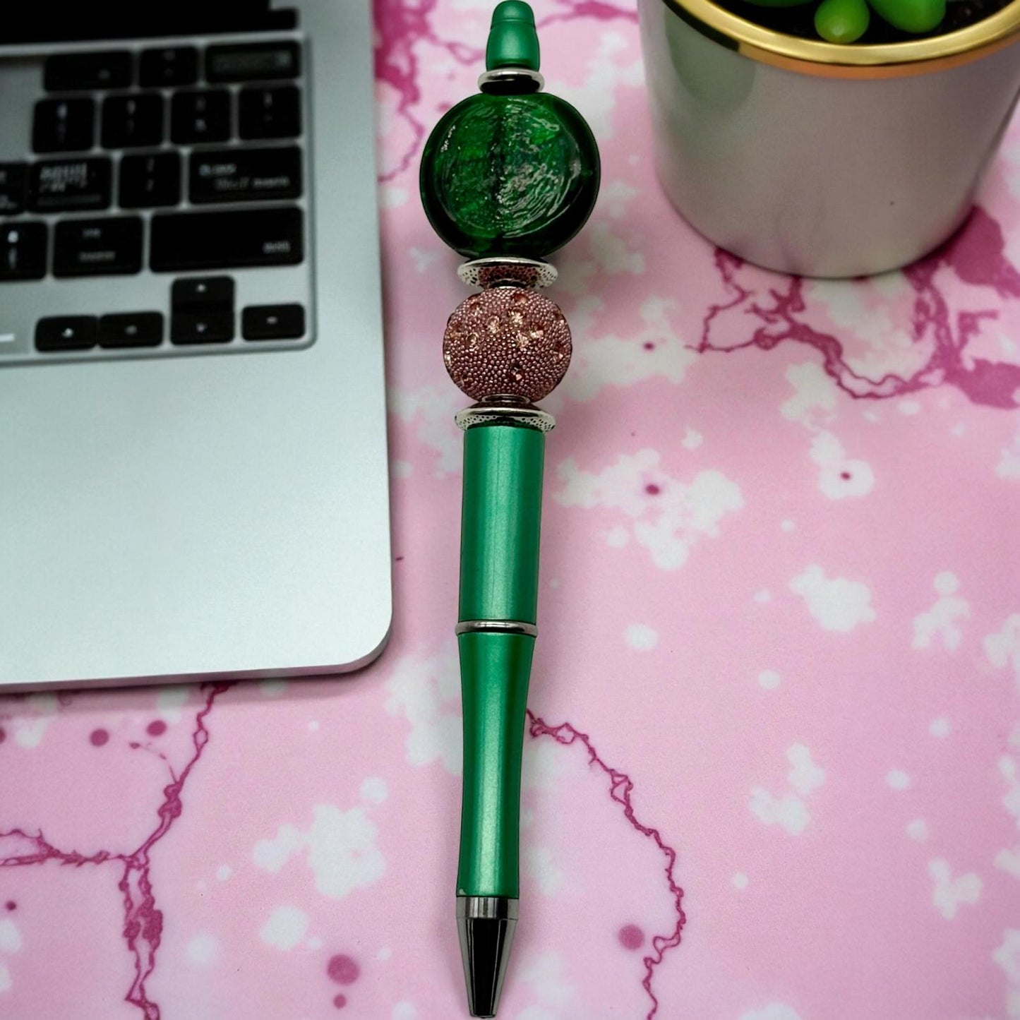 Green & Pink Beaded Luxe Pens — Elegant Writing in Style