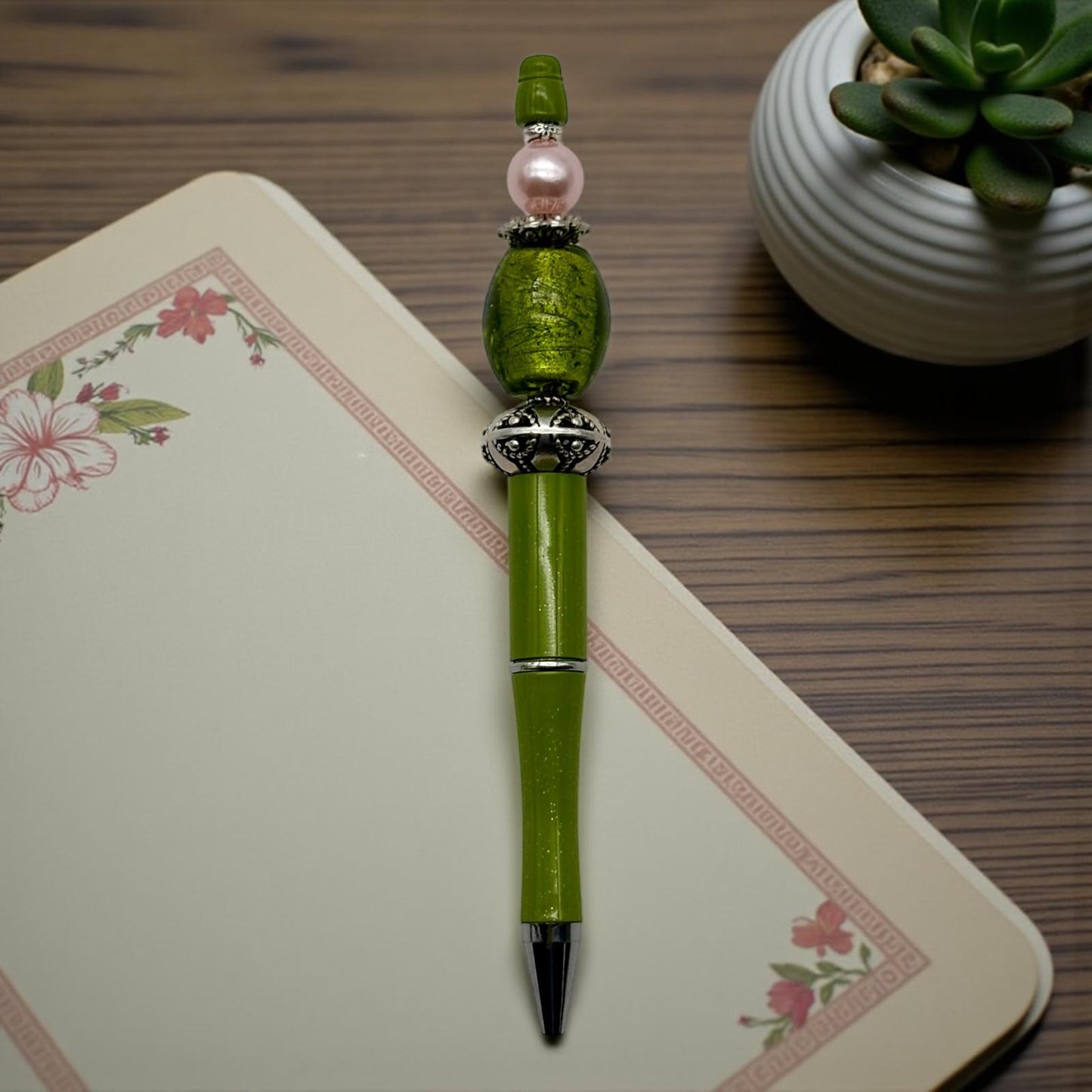 Green & Pink Beaded Luxe Pens — Elegant Writing in Style