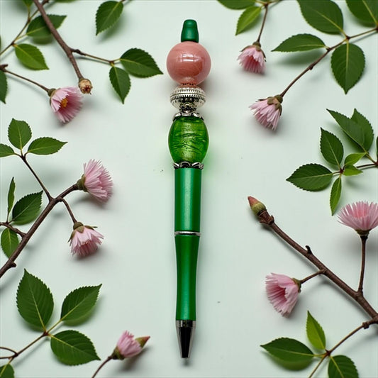 Handmade Writing Instrument: Handmade Green Pen with an Oval Lampwork Bead
