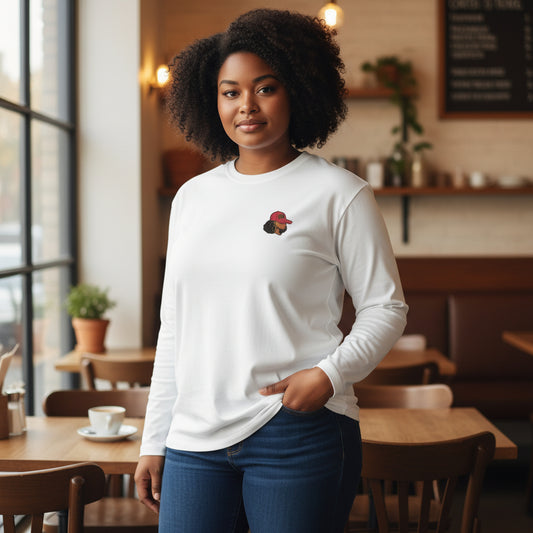 White Long Sleeve Shirt with Female with "08" Baseball Cap in Pink and Green