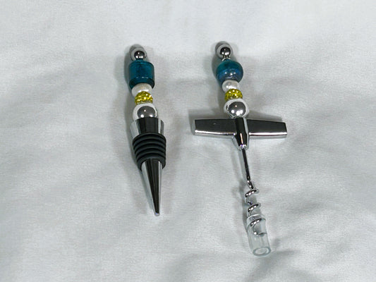 Beaded Barware Set - Wine Bottle Stopper and Cork screw ( Blue, Yellow and Pearl )