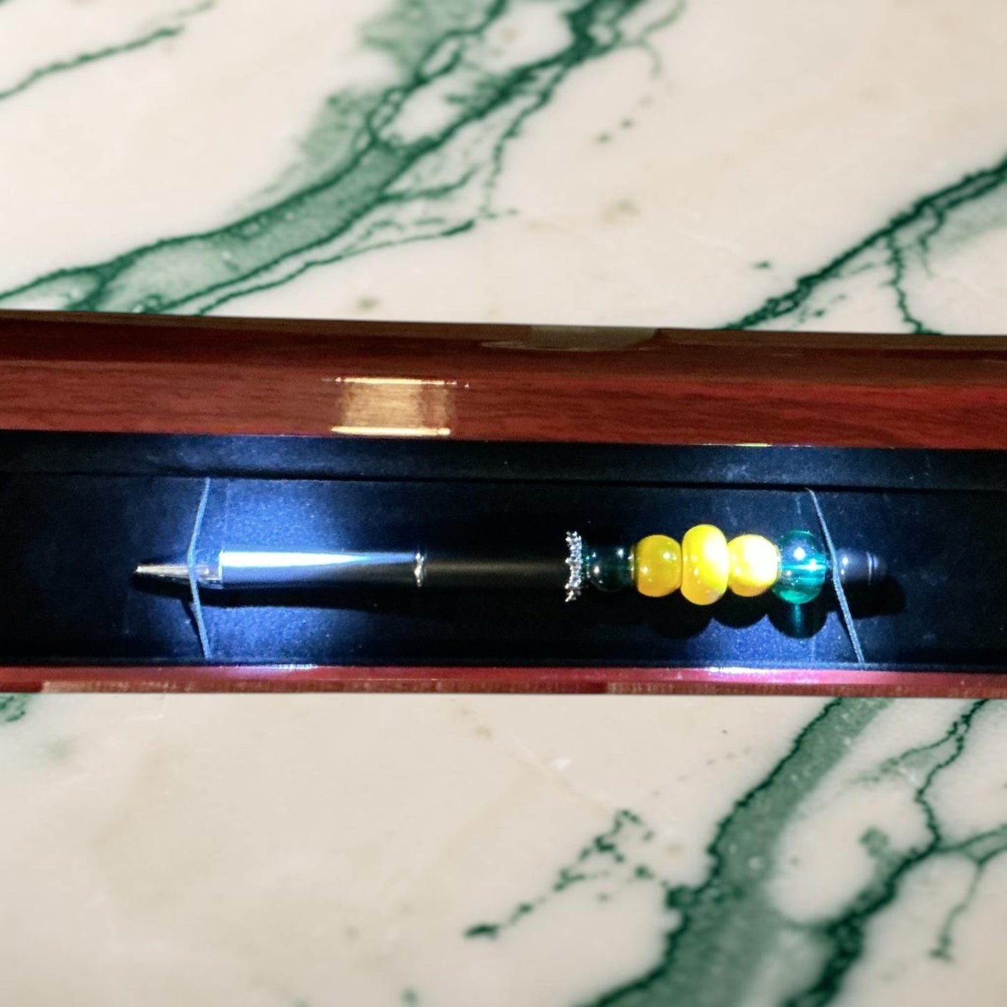 One-of-a-Kind Handcrafted Jamaica-Inspired Beaded Pen in Luxury Wooden Gift Box