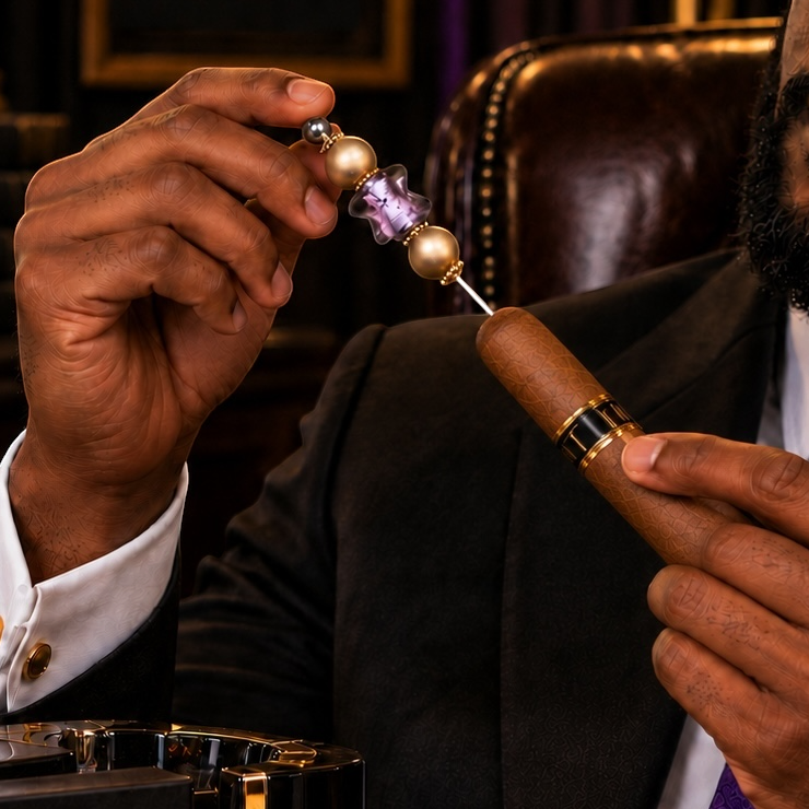 A man in a dark suit and purple tie examines a cigar with a decorative bead spear during a sophisticated lounge setting.