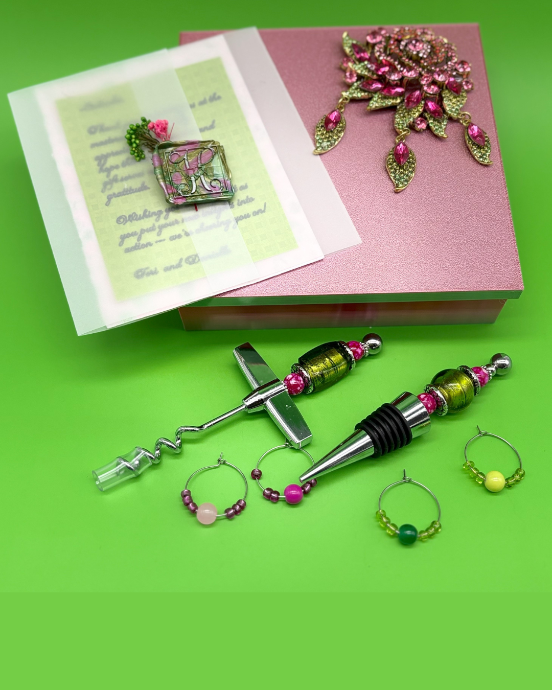 Elegant Wine Accessories Gift Set with Luxurious Keepsake Box & Sophisticated Handwritten Message Card (Pink and Green)