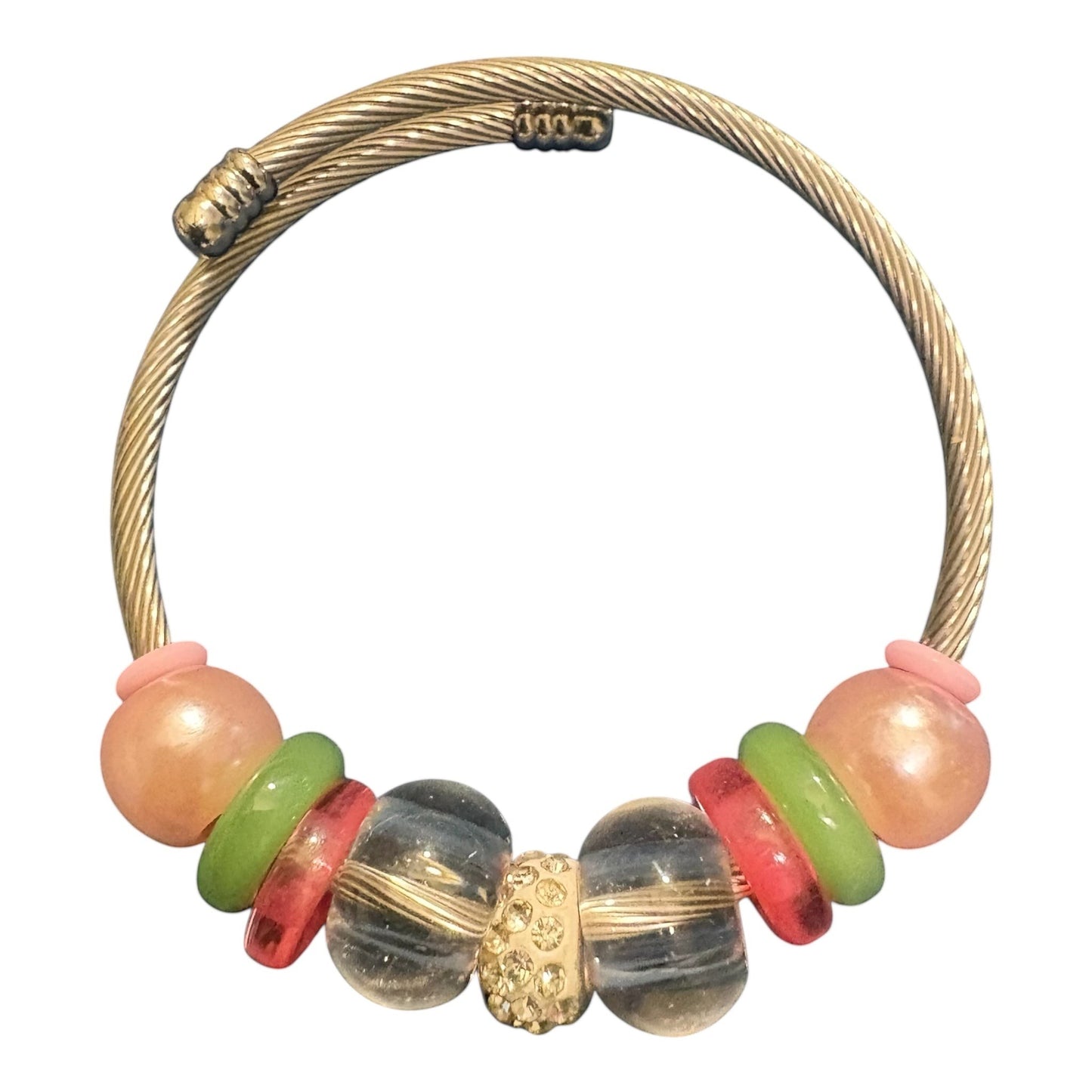 House of Lux Gifts handmade bangle bracelet featuring colorful glass, rhinestone, and faux pearl beads on a gold wire.