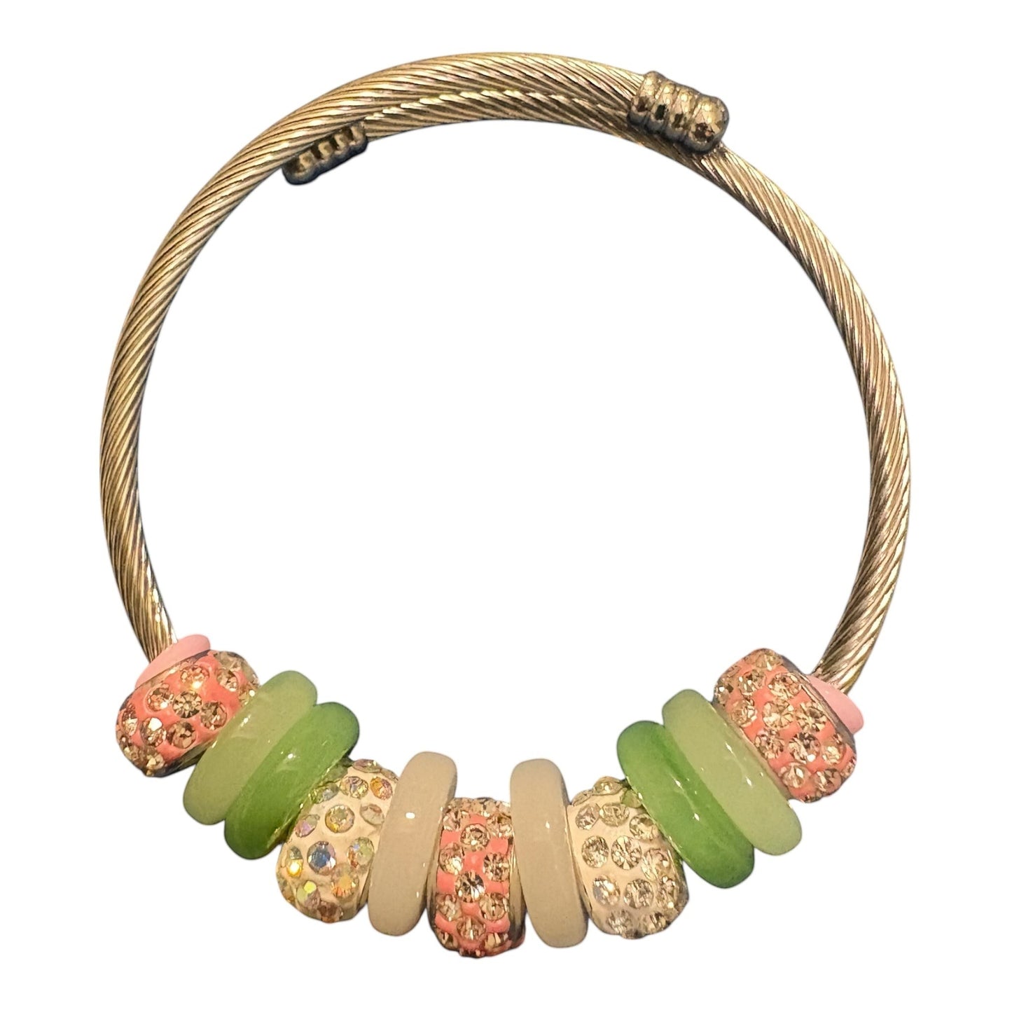 House of Lux Gifts handmade bangle bracelet featuring green, pink, and rhinestone beads on a gold twisted wire band.
