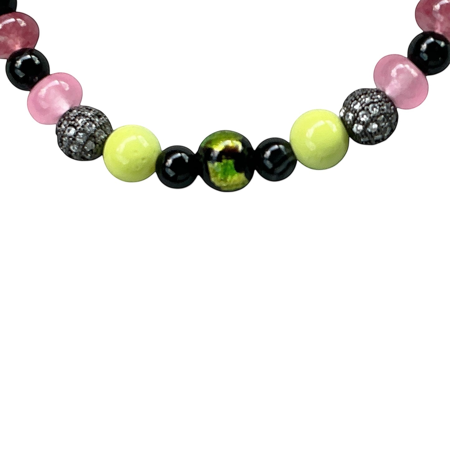 House of Lux Gifts handmade stretch bracelet featuring pink, green, and black glass beads with rhinestone accents.