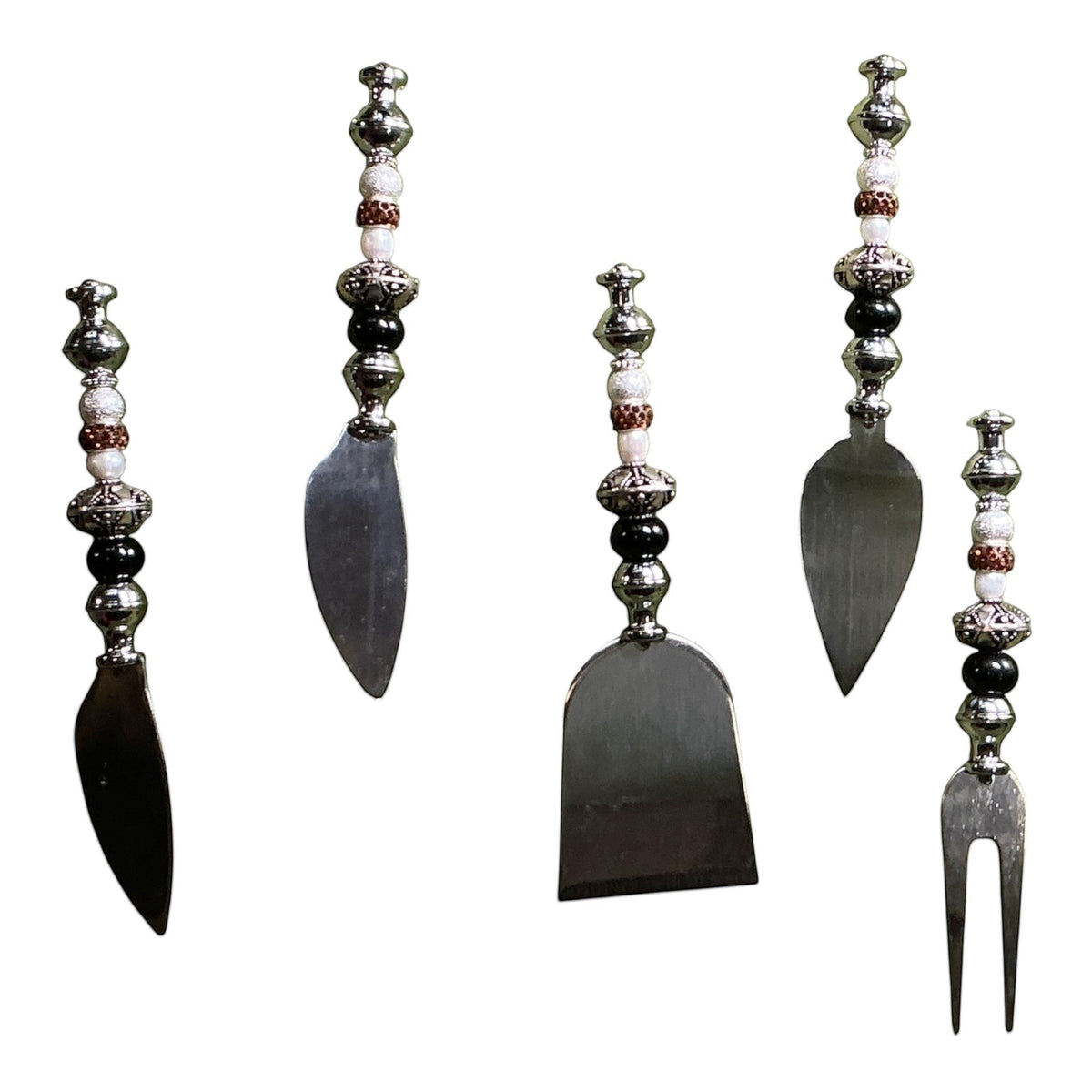 House of Lux Gifts handcrafted stainless steel charcuterie serving tools with decorative pearl and glass bead handles