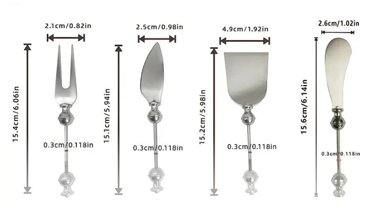 House of Lux Gifts handcrafted stainless steel charcuterie serving tools with decorative beaded handles and dimensions.