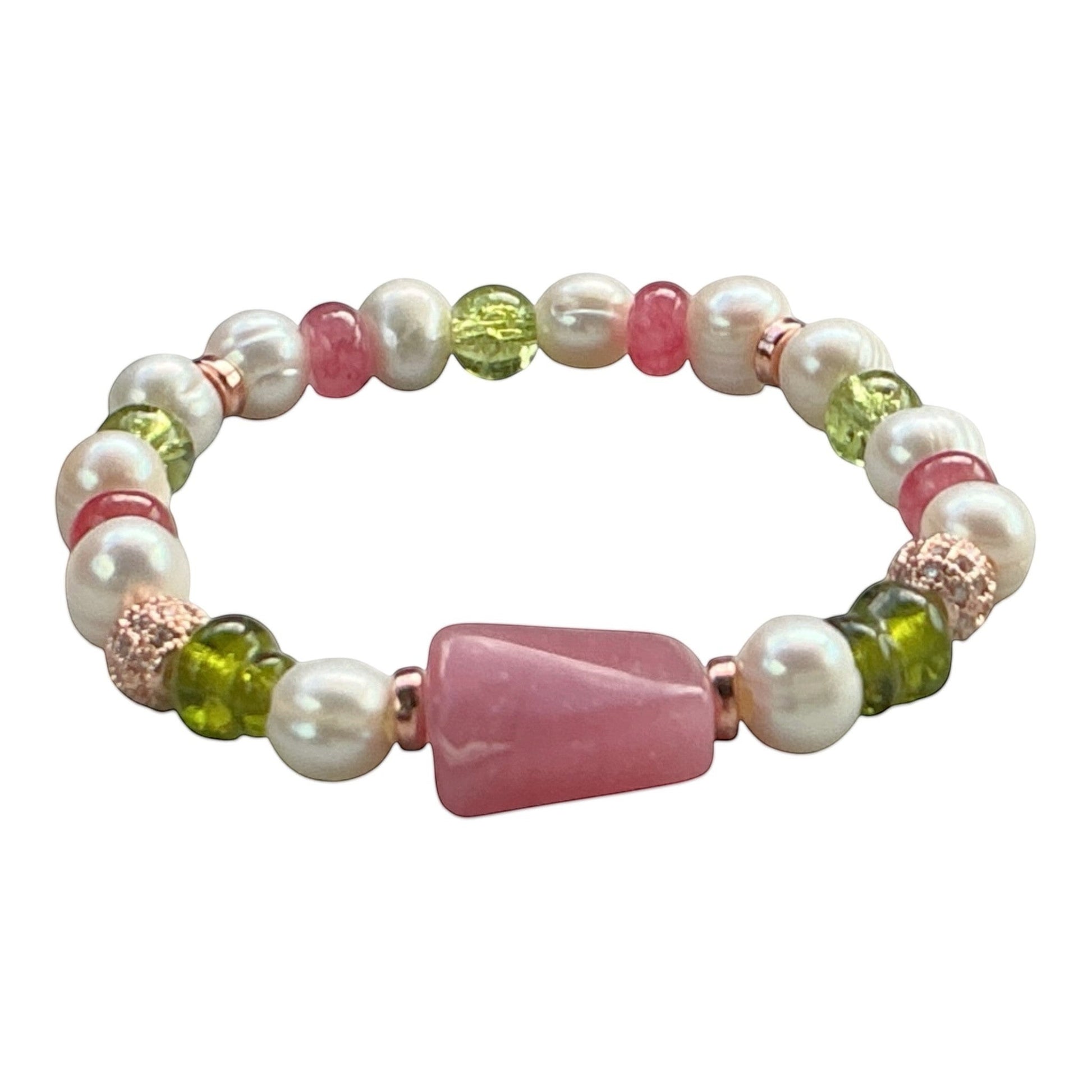 House of Lux Gifts stretch bracelet with white pearls, green peridot, pink gemstones, and rose gold-toned accents.