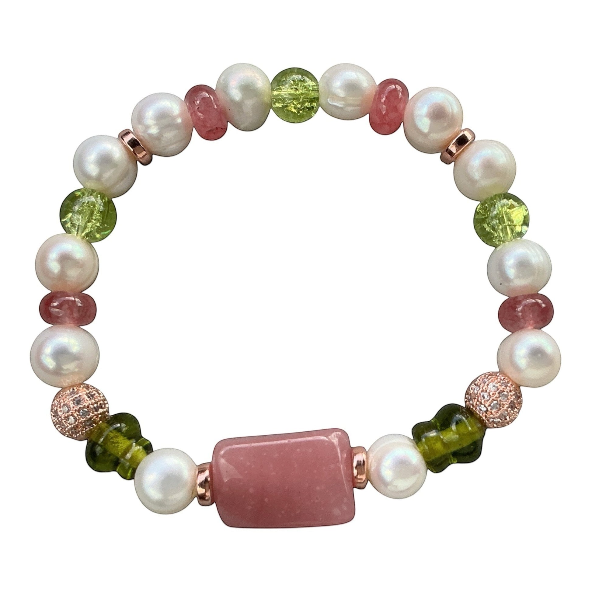 House of Lux Gifts stretch bracelet with white pearls, green peridot, pink gemstones, and rose gold-toned accents.