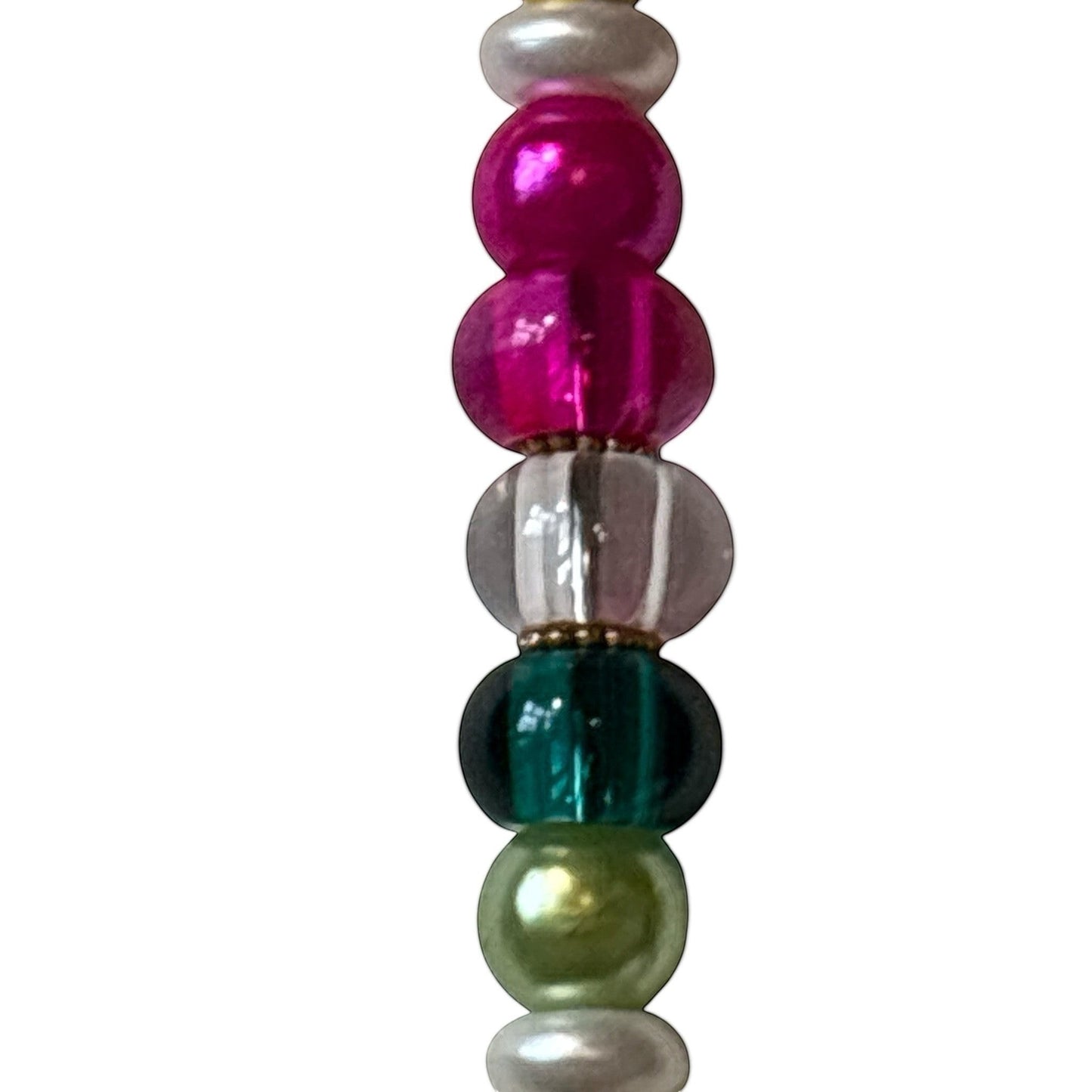 House of Lux Gifts decorative keychain with multi-colored beads in hot pink, clear, emerald, and sage green with gold