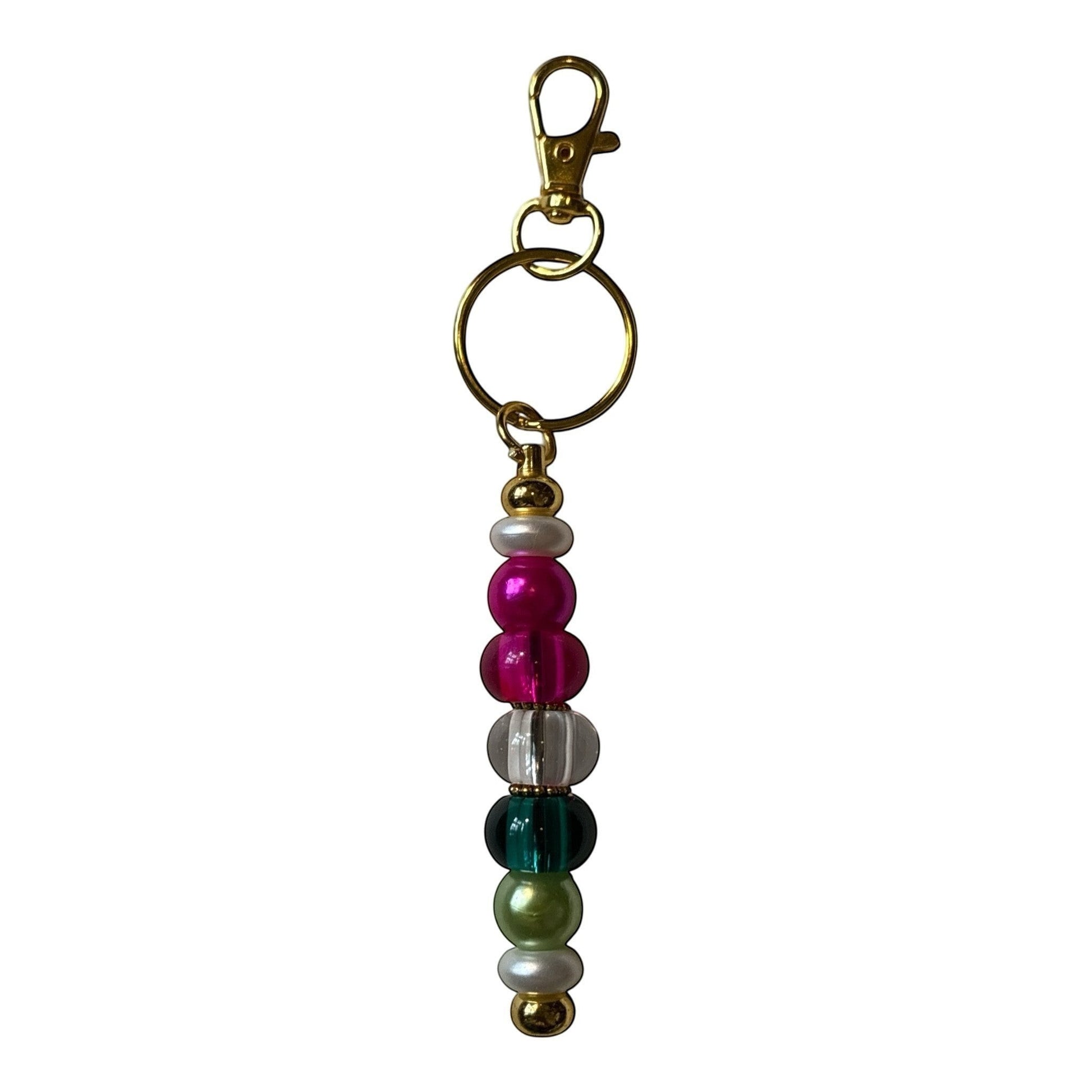 House of Lux Gifts beaded keychain with multi-colored beads in pink, clear, emerald, and sage with gold-tone accents.