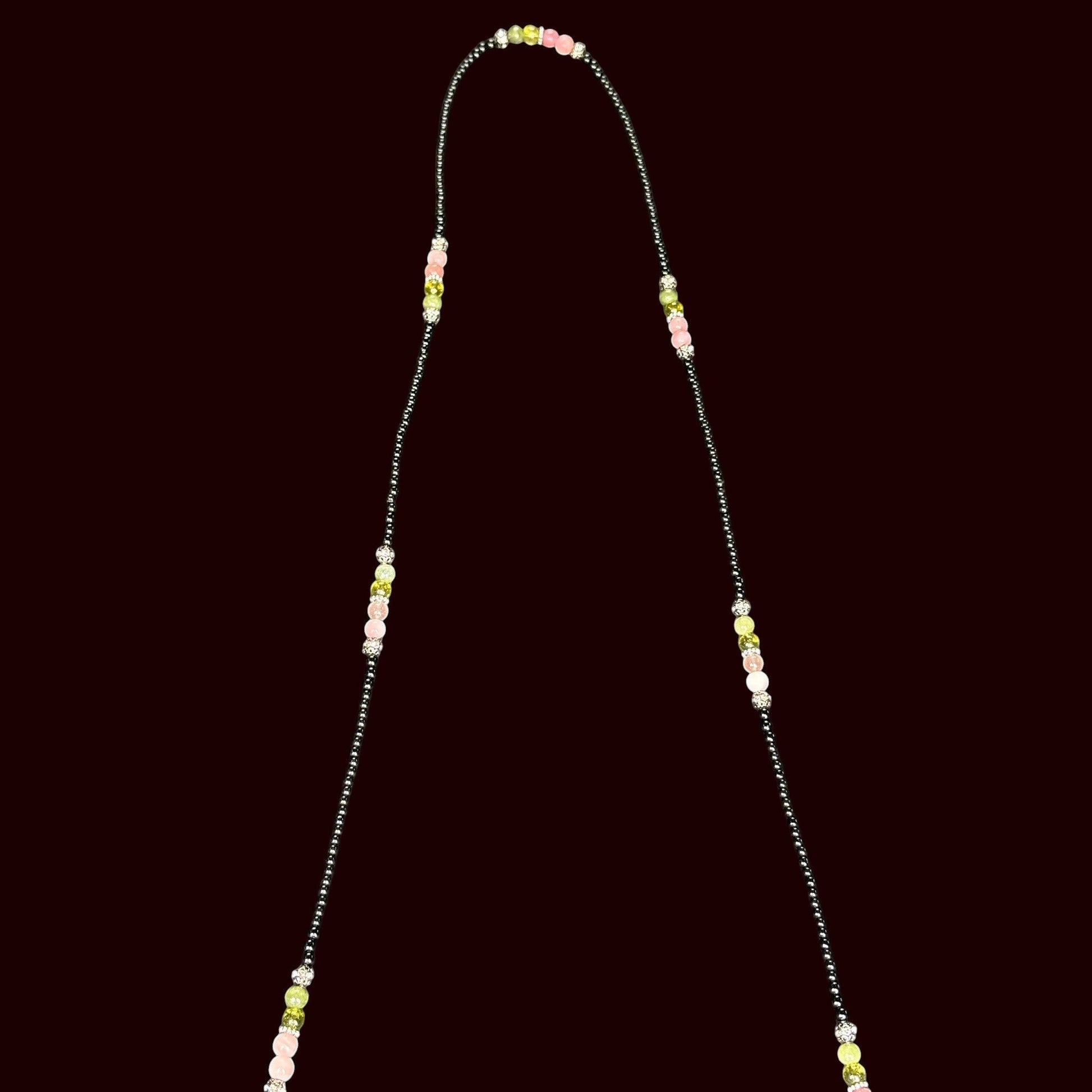 House of Lux Gifts handcrafted beaded shoulder strap with pink, green, and black glass and rhinestone accents.