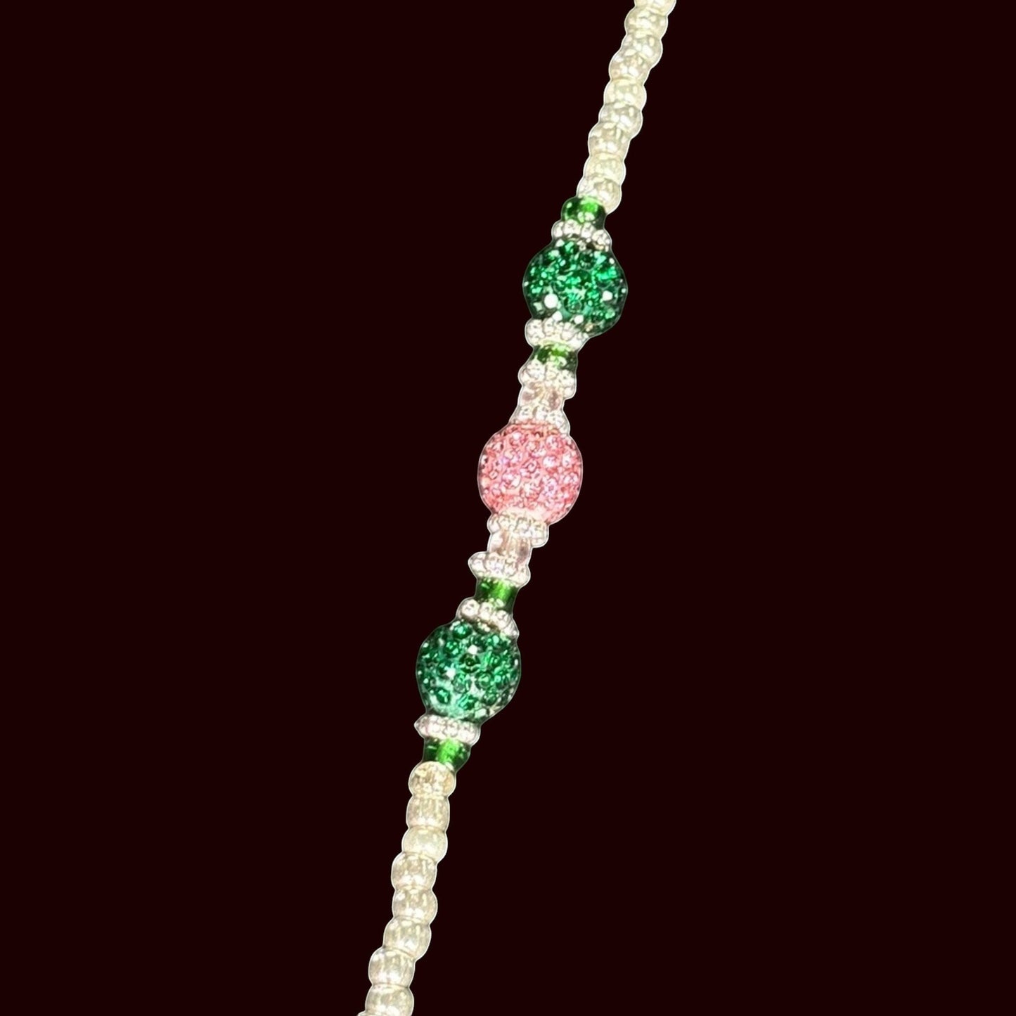 House of Lux Gifts beaded shoulder strap with alternating pink and green rhinestone beads and silver accents
