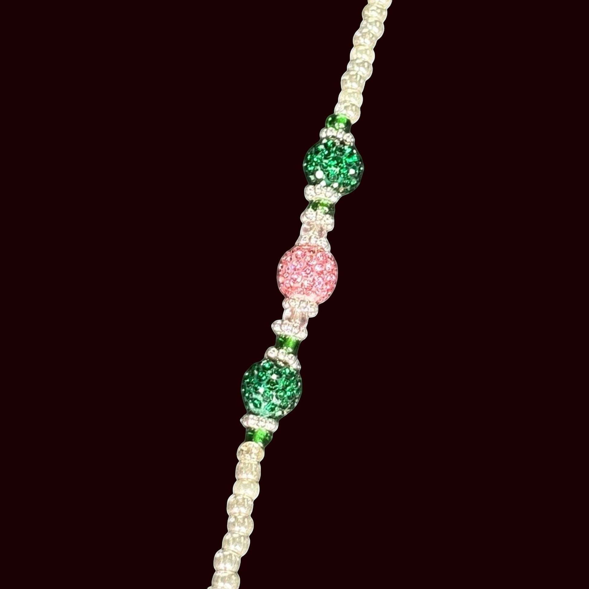 House of Lux Gifts beaded shoulder strap with alternating pink and green rhinestone beads and silver accents