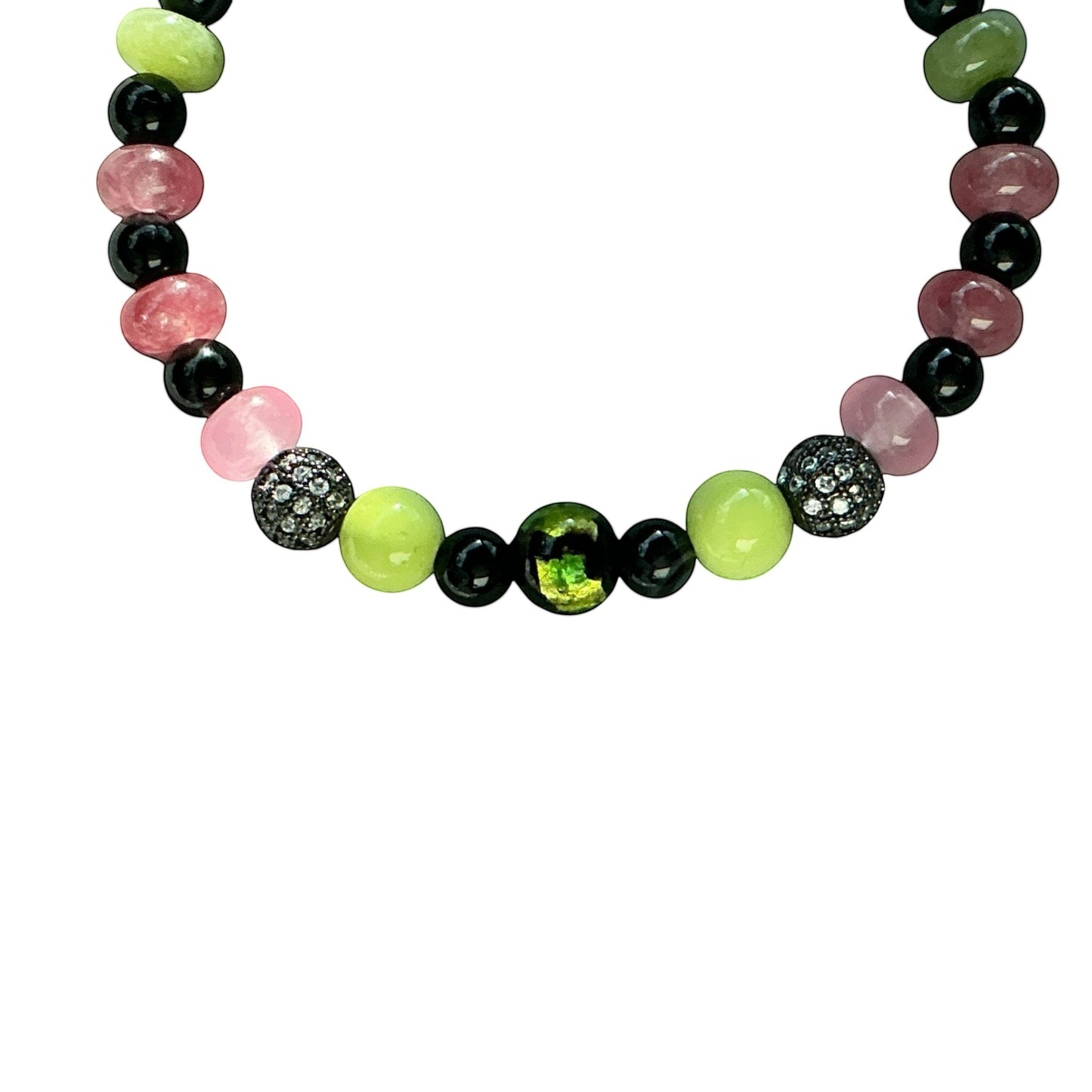 House of Lux Gifts handmade stretch bracelet featuring pink, green, and black glass beads with sparkling rhinestone accents