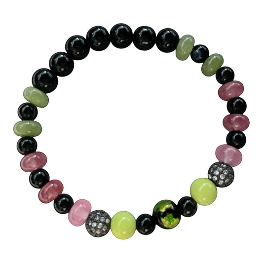 House of Lux Gifts handmade stretch bracelet featuring pink, green, and black glass beads with rhinestone accents.