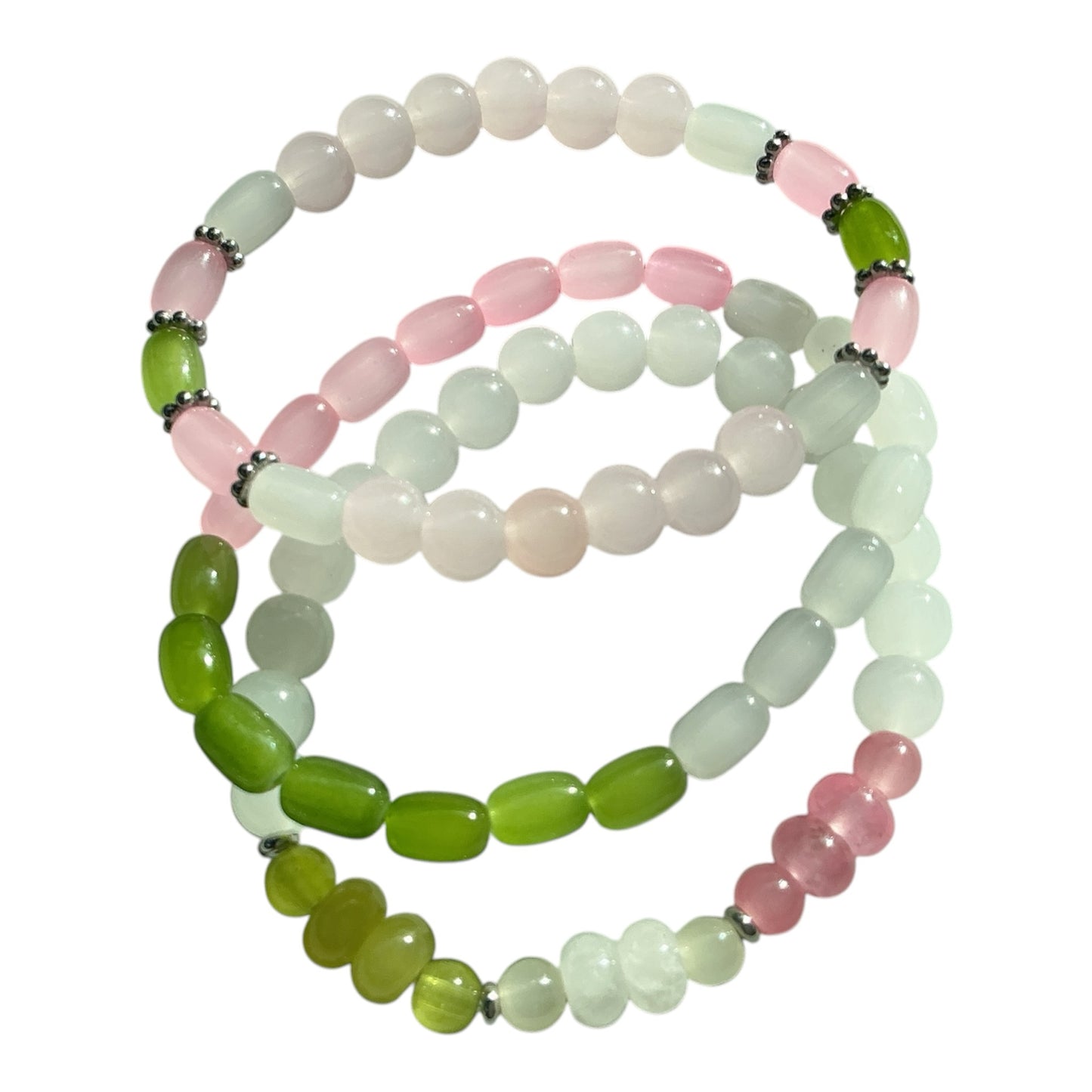 House of Lux Gifts handcrafted stretch bracelet set featuring rose quartz, mint jade, and apple green jade beads.